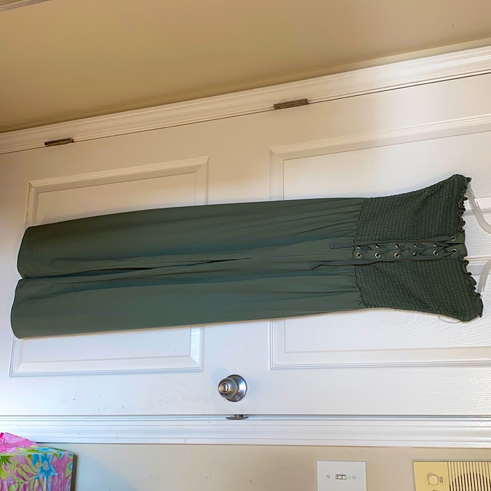 Drawstring Waist Strapless Wide Leg Jumpsuit- OLIVE GREEN